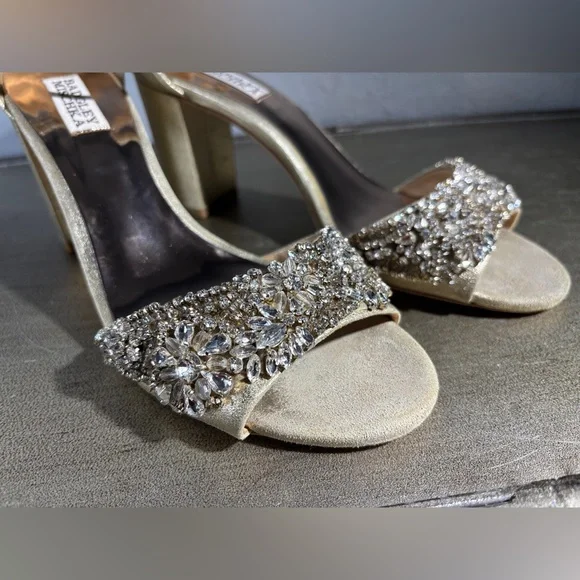 Badgley Mischka HINES Gold Embellished Chunk Heels - Picture 2 of 15